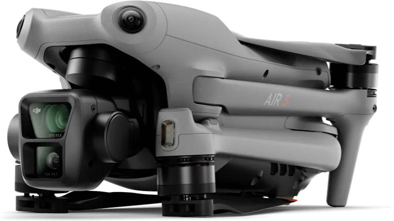 DJI Air 3 drone, folded and showing the dual camera lenses